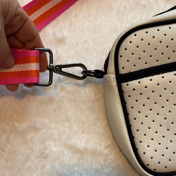 Stylish White Neoprene Bag with Pink and Orange Stripes - Picture 5 of 9